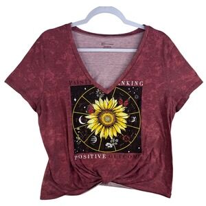 No Boundaries Womens XXL Burgundy Sunflower Celestial Positive Thinking Knot Tee